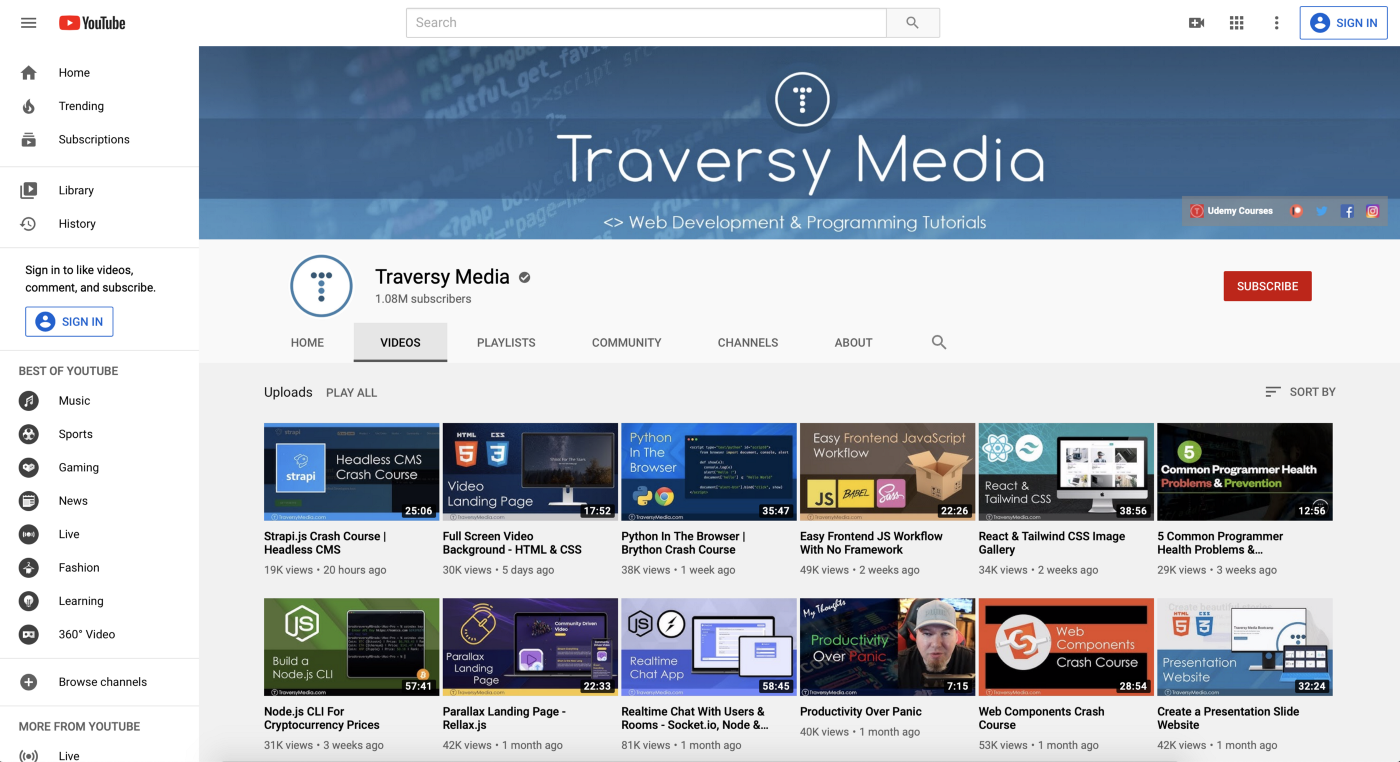 Traversy Media YouTube Channel